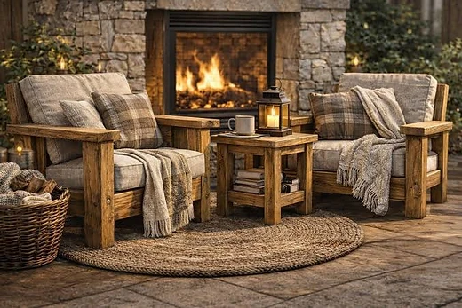 Two armchairs beside a stone fireplace