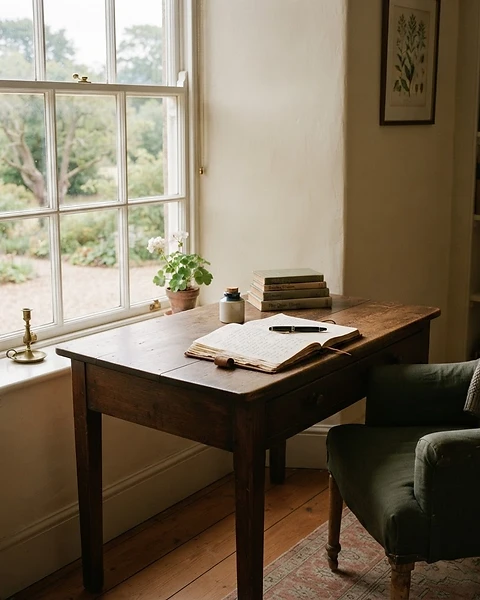A writing desk beside a tall sash window with a view of trees and garden greenery