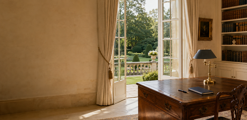 A quiet study with open French doors leading to a sunlit garden