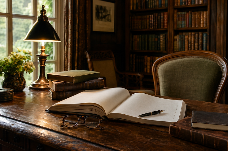 An open workbook with a fountain pen on a dark wood library desk, lit by a warm lamp