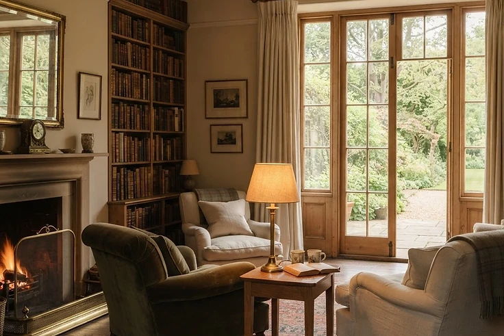 A warm country-house drawing room with bookshelves, comfortable seating and French doors opening onto trees