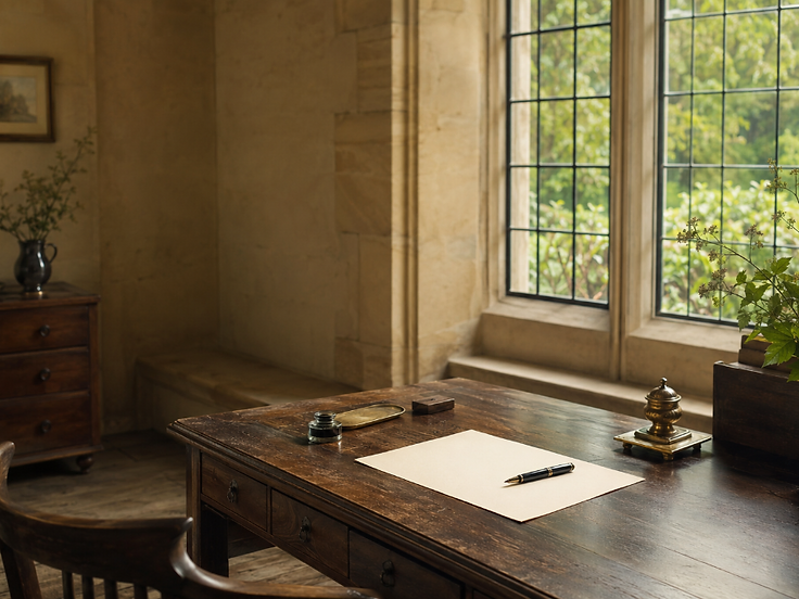 A dark wooden writing desk with paper, fountain pen and inkwell beside a sunlit window