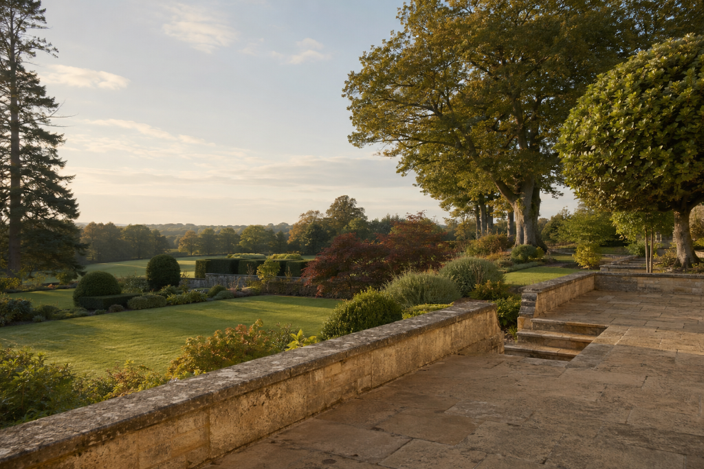 A stone terrace overlooking a manicured garden and distant landscape at golden hour