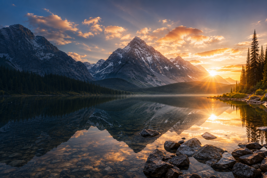 Mountain lake at sunrise