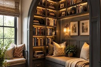 A cosy reading nook with built-in bookshelves
