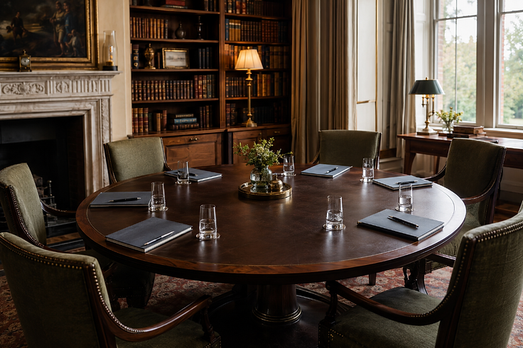 A circular wooden table set for six in a library, with olive-green chairs and a warm intimate atmosphere