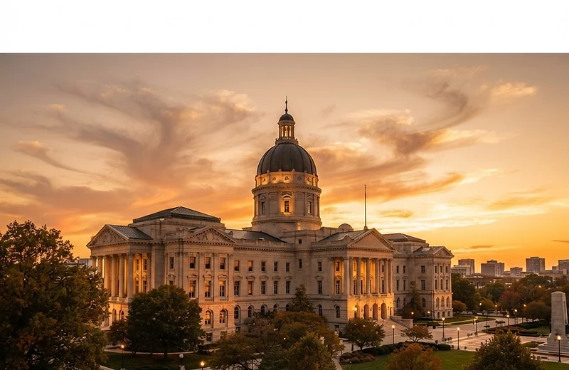 Indiana Statehouse at sunset.