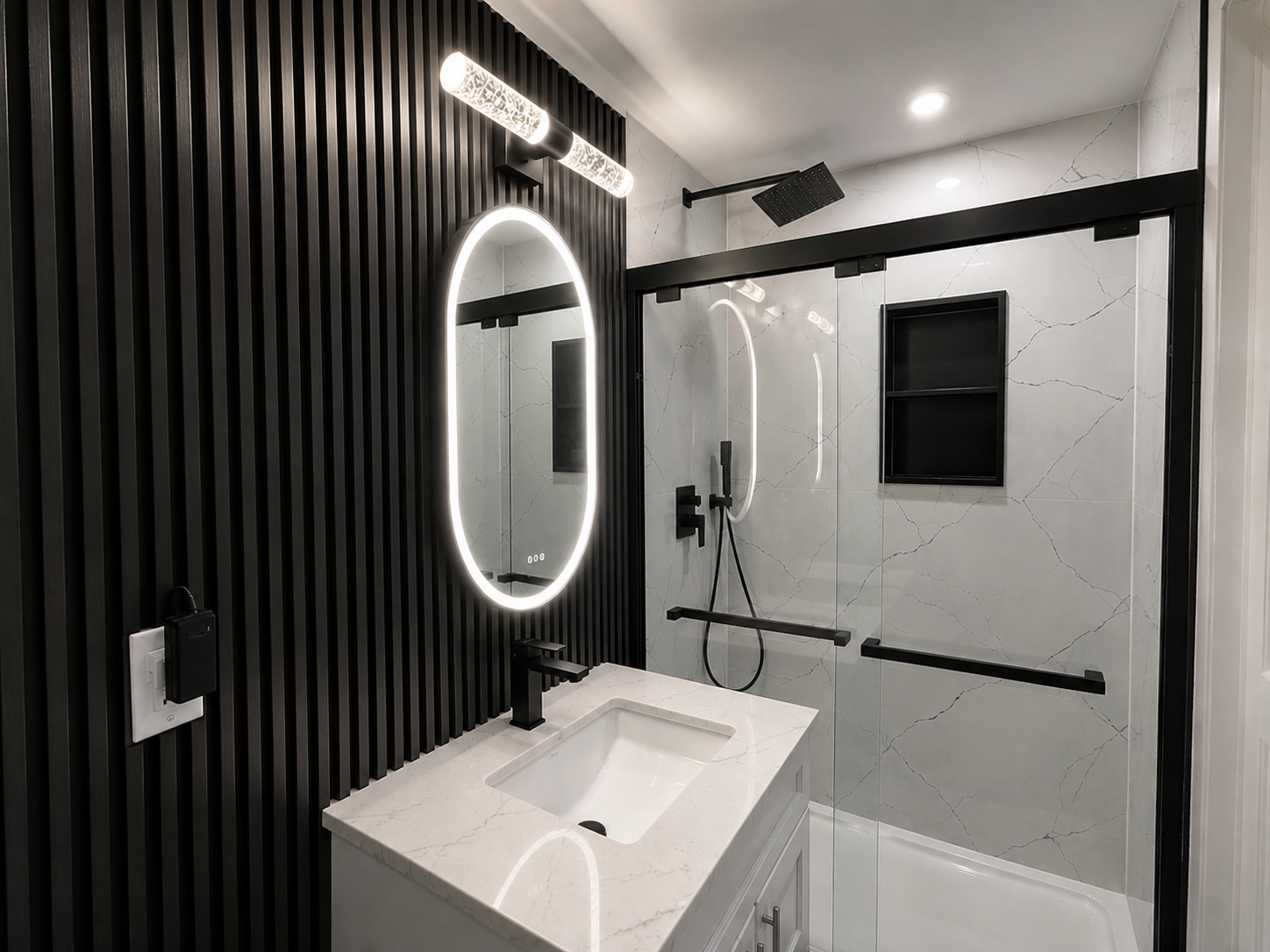 Black Slat & Marble Bathroom