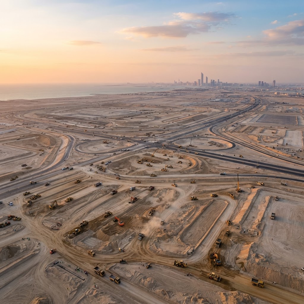 Aerial view of vast UAE earthworks site at dusk