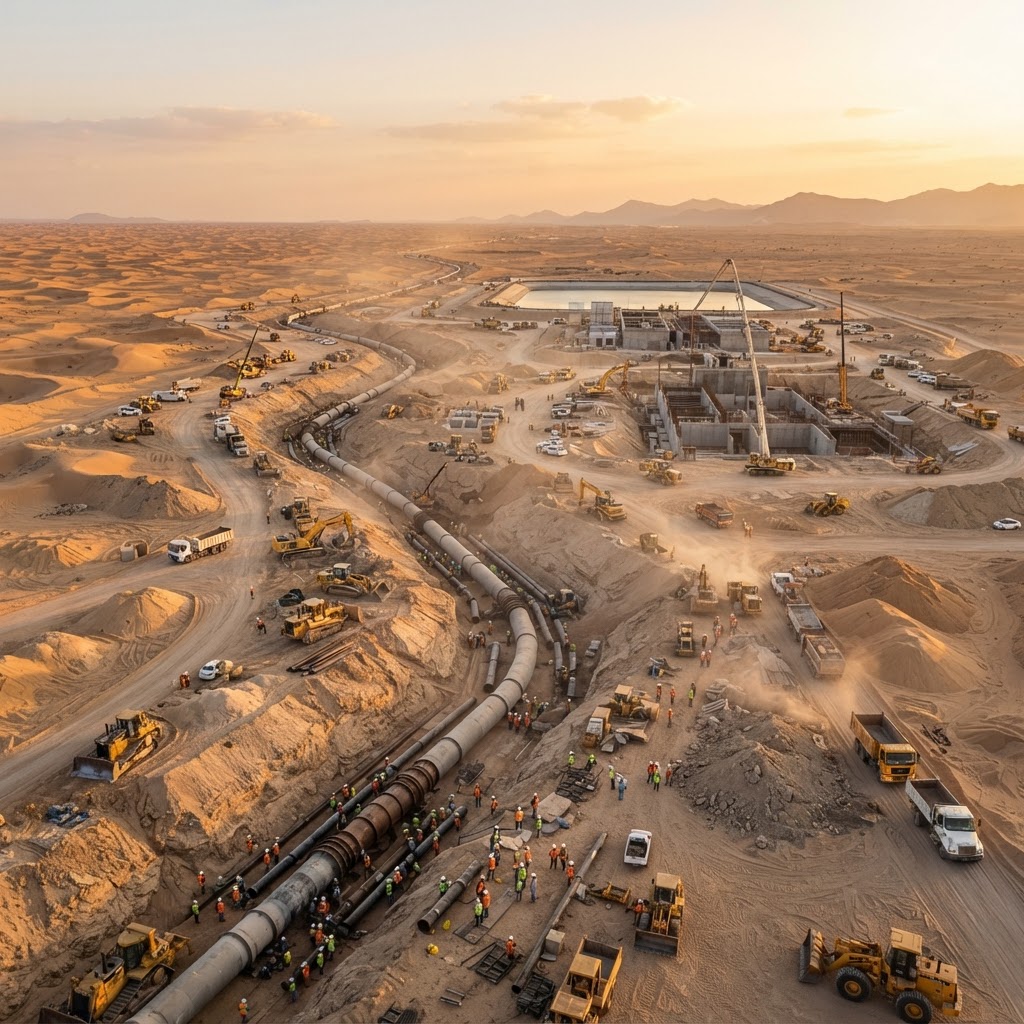 Massive UAE hydro-infrastructure construction site at golden hour
