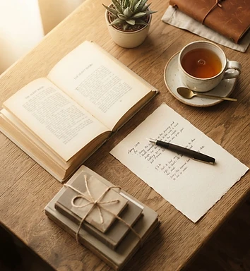 A writer's desk with an open book and fountain pen
