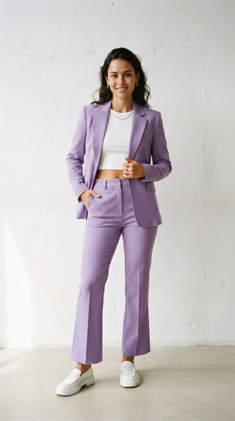 Young woman in an electric lilac tailored suit with white crop top and platform loafers, standing confidently against a white wall