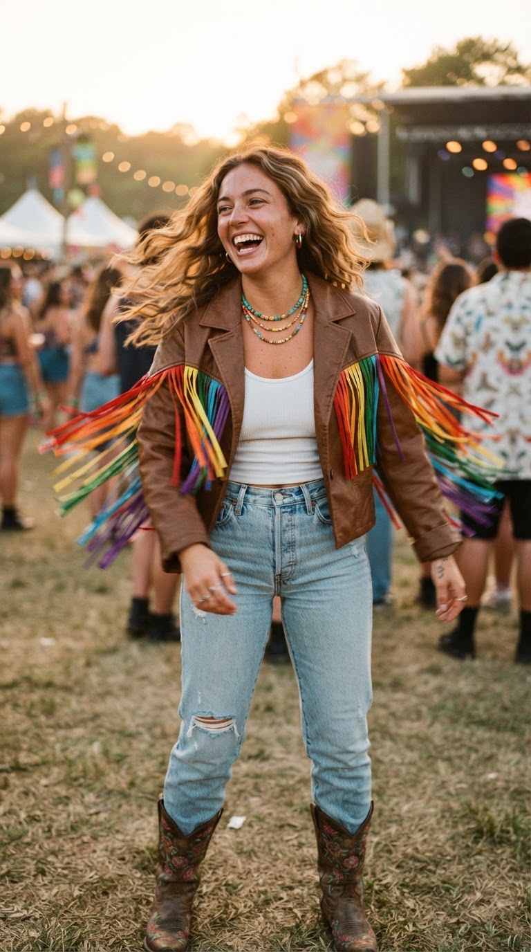 Young woman in a rainbow fringe leather jacket with mom jeans and western boots laughing at an outdoor festival