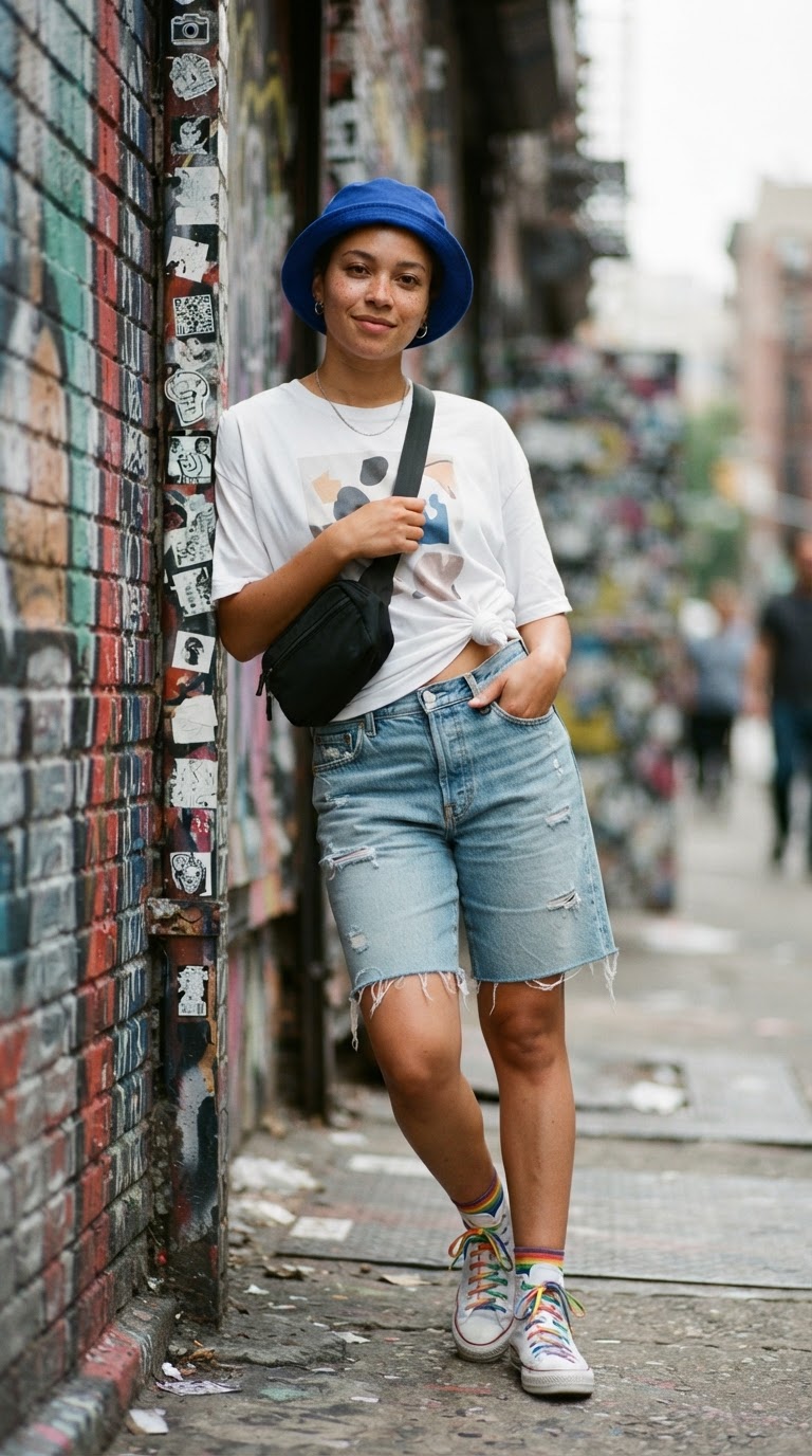 Young woman in an oversized white graphic tee with denim bermuda shorts and cobalt blue bucket hat leaning against a city wall