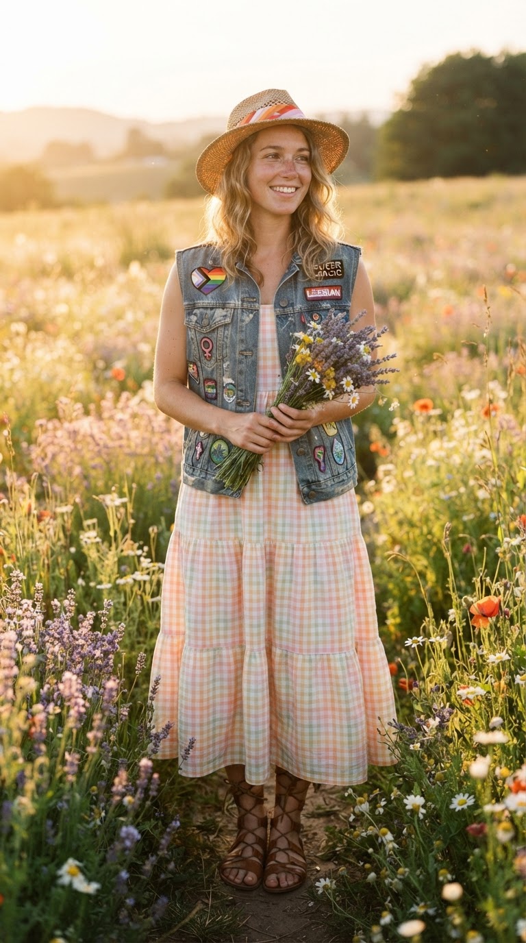 Young woman in a cream tiered maxi dress with denim vest and straw hat holding wildflowers in a sunlit meadow