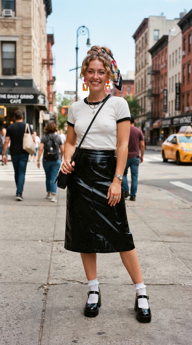 Young woman in a vintage ringer tee with black vinyl midi skirt and Mary Jane platforms with colorful hair scarf on a sunny street corner