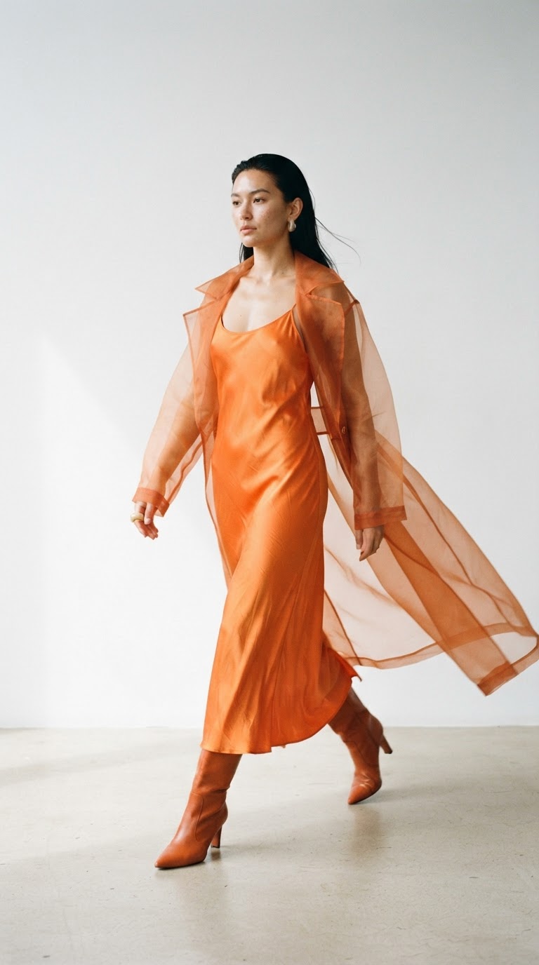 Young woman in a sunset orange silk slip dress with sheer organza duster coat in a minimalist studio setting