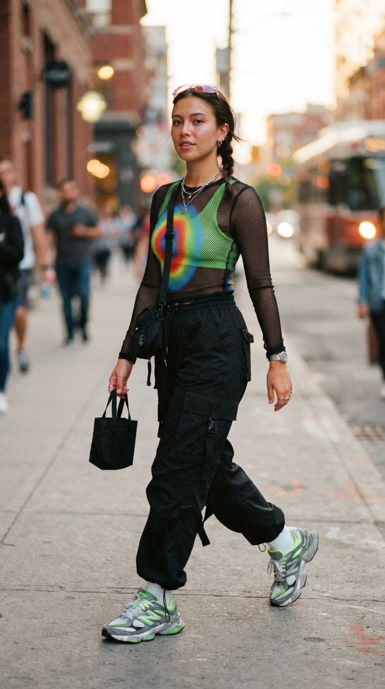 Young woman wearing a rainbow heat-map mesh top over a neon sports bra with black cargo pants on an urban sidewalk