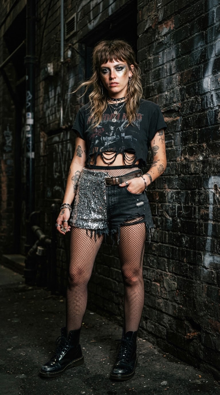 Young woman in a cropped black band tee with silver sequined mini-skirt and combat boots against a dark brick wall with face glitter