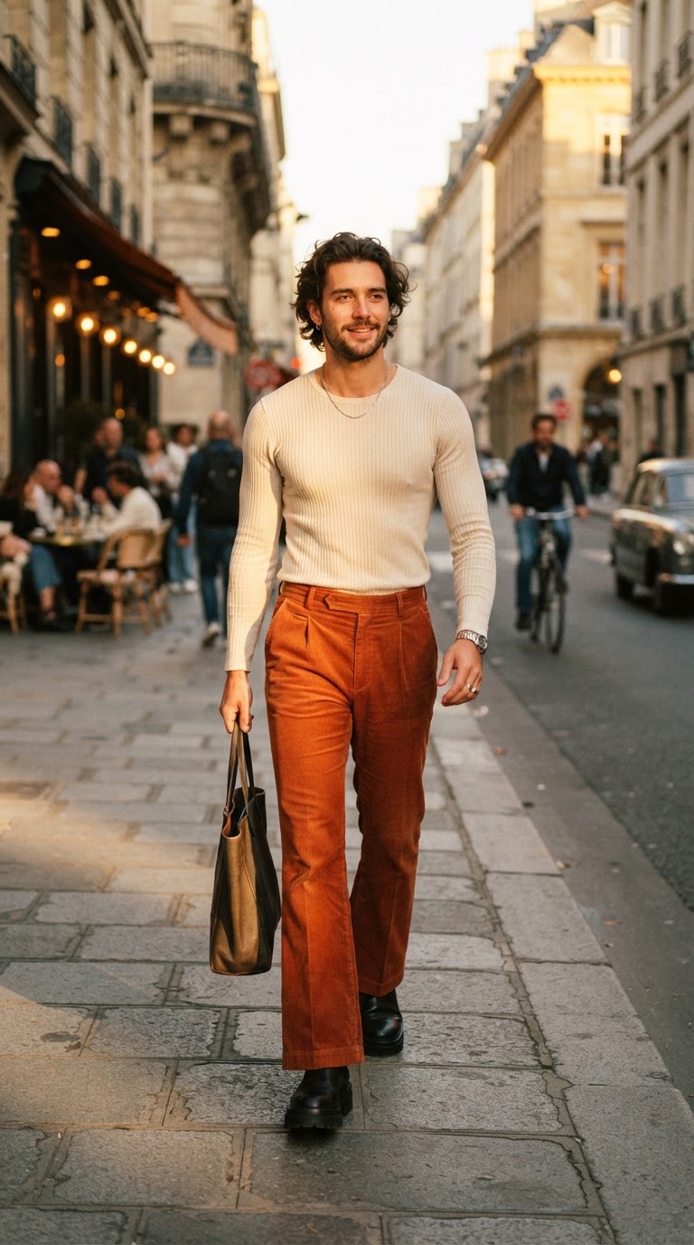 Man in rust orange flared corduroy trousers and cream knit shirt, cinematic photography