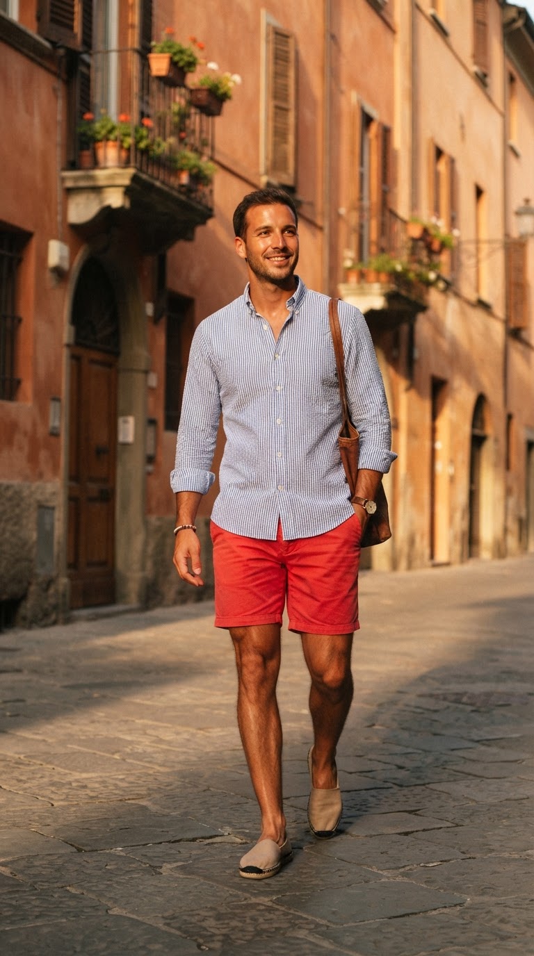 Man in blue and white seersucker shirt and red shorts, cinematic film photography