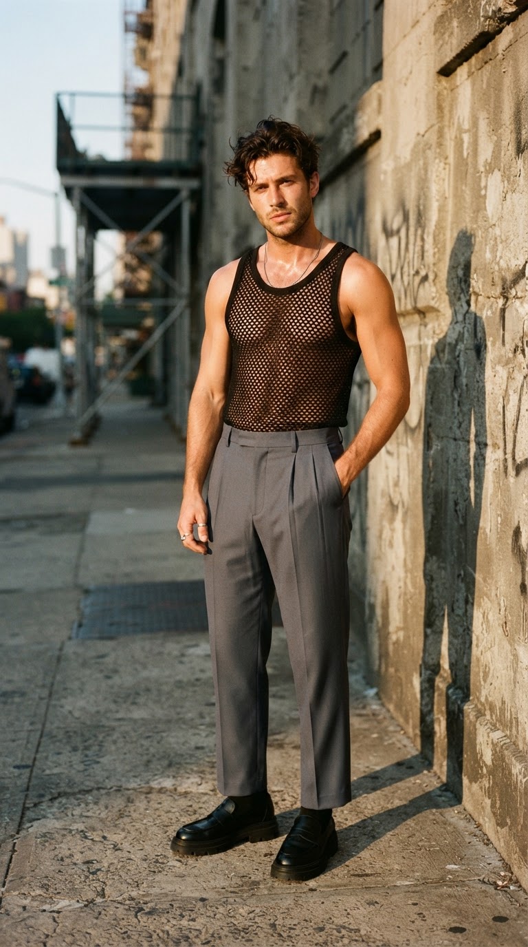 Man in black mesh tank top and slate grey pleated trousers, cinematic fashion photography