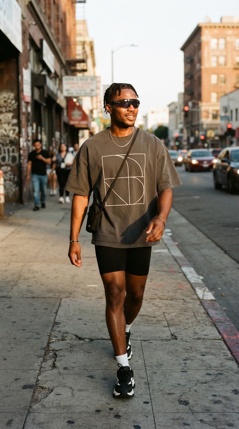 Man in oversized graphic tee and biker shorts with sporty sunglasses, film photography