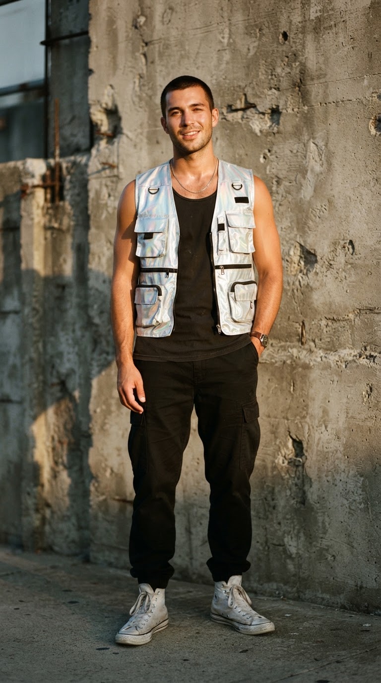 Man in holographic silver utility vest and black cargo pants, cinematic film photography