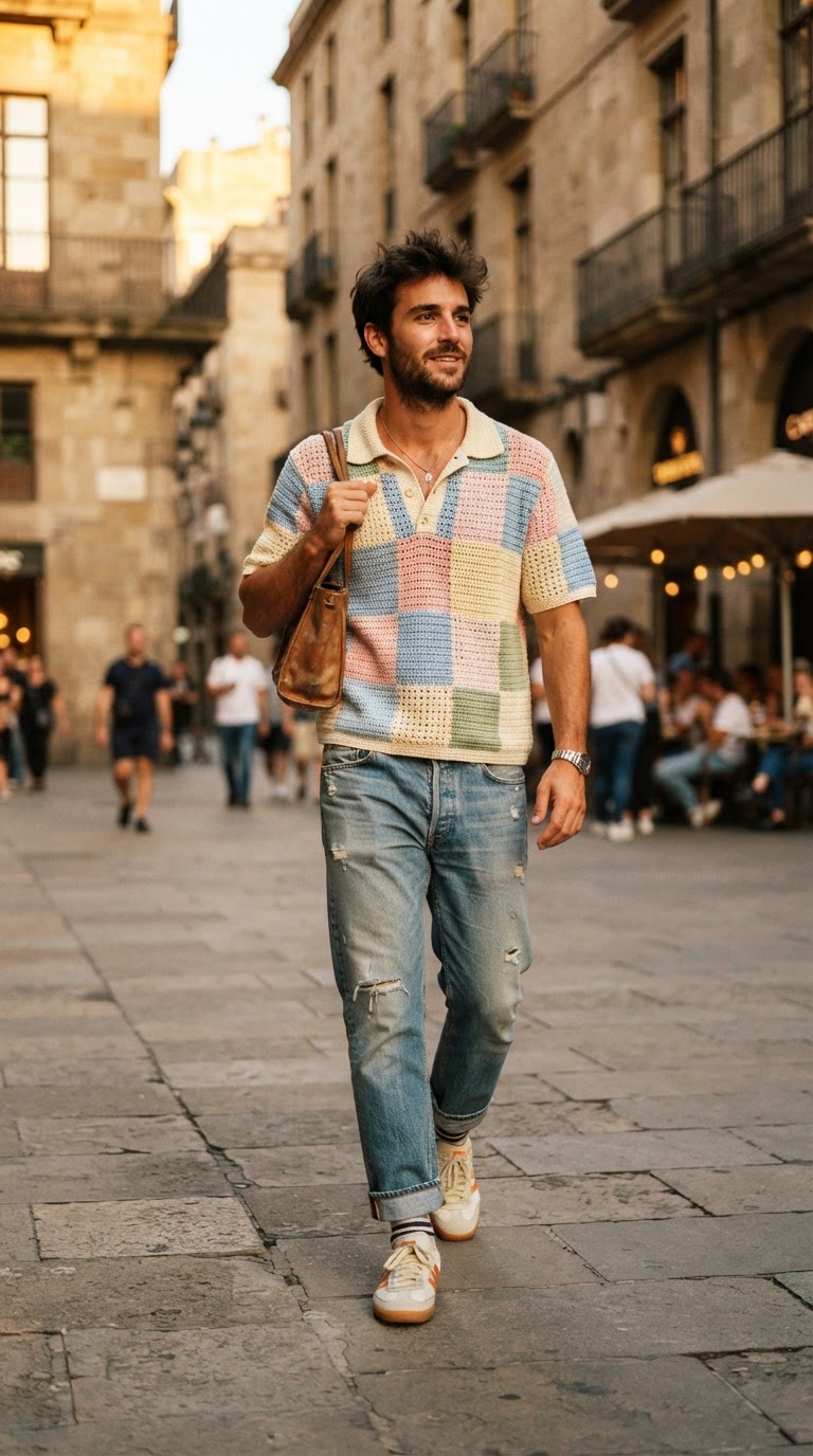 Man in pastel patchwork crochet polo and distressed denim, editorial film photography