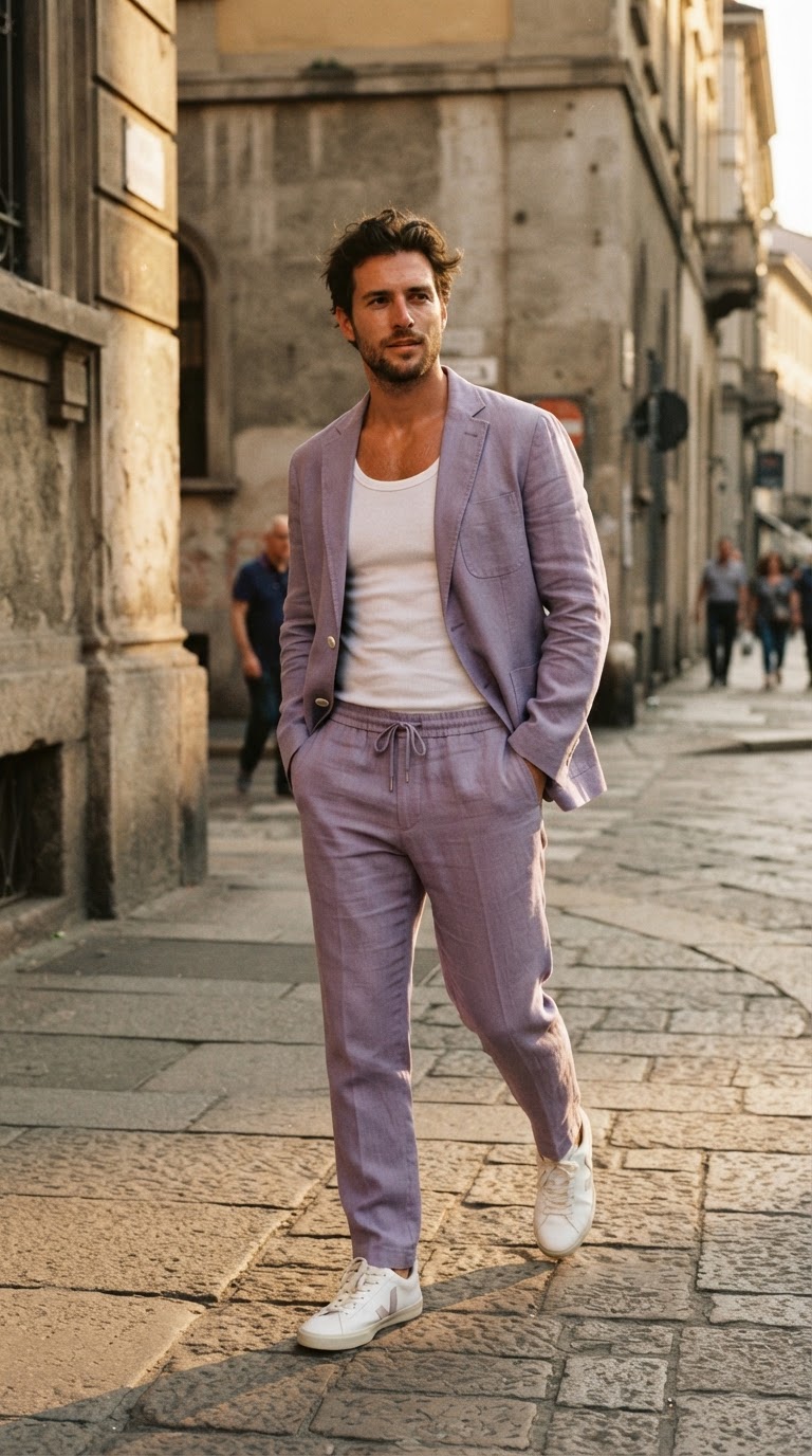 Man in lavender linen blazer and drawstring trousers, editorial film photography