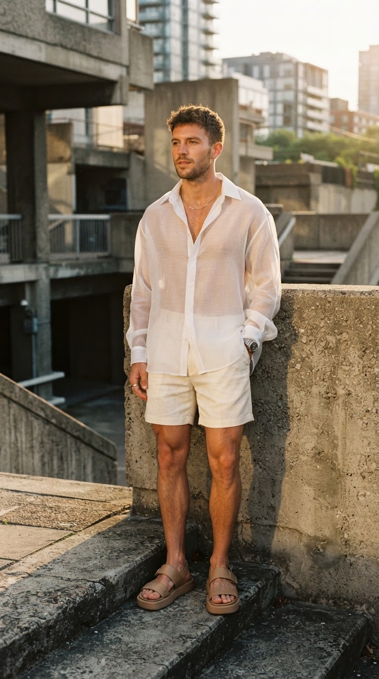 Man in sheer white organza shirt and cream linen shorts, high-texture film photography