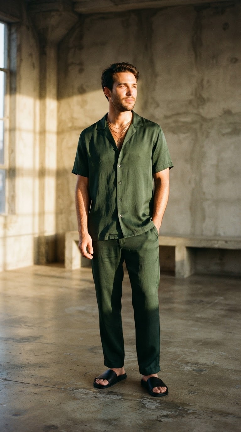 Man in deep forest green silk shirt and lounge pants, cinematic editorial photography