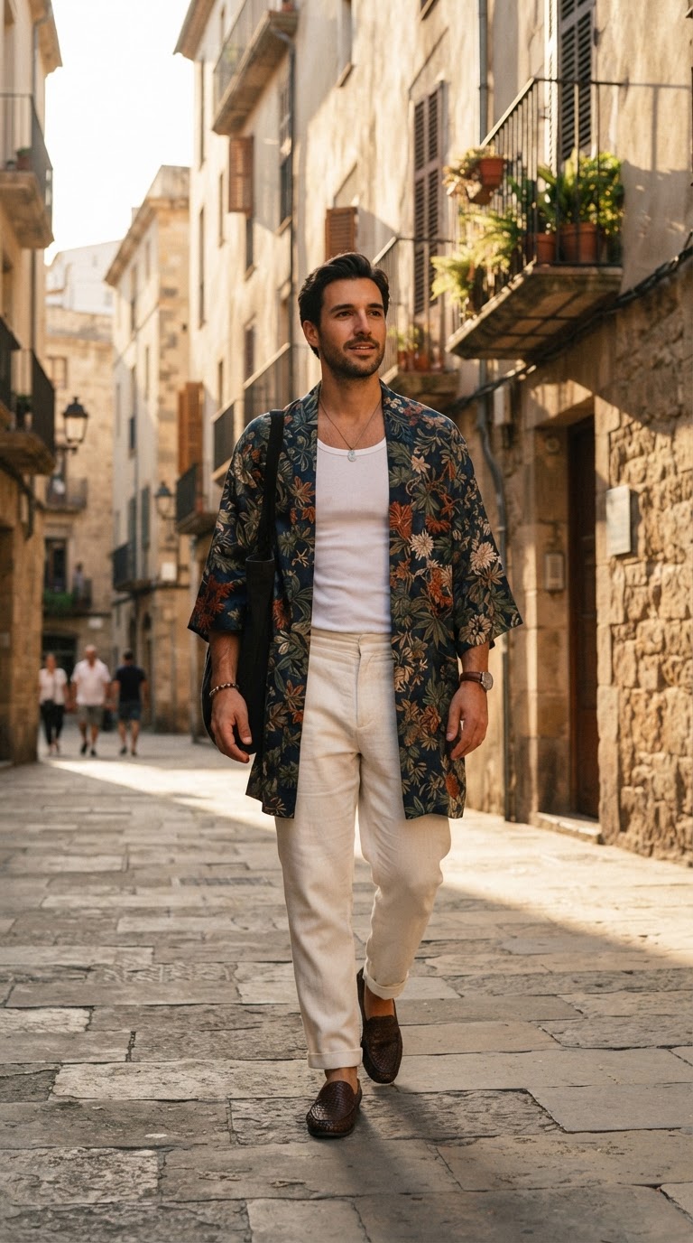Man in printed silk kimono and white chinos, editorial fashion photography