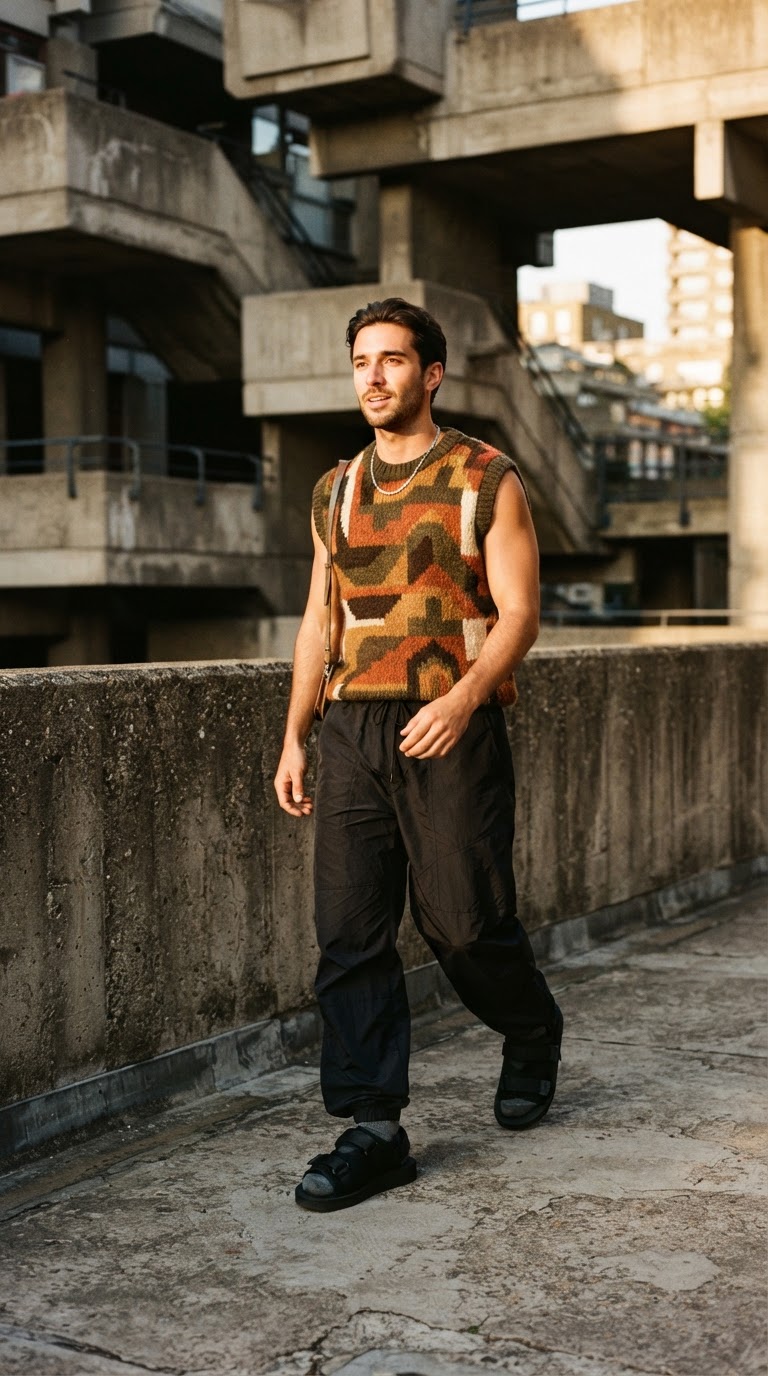 Man in geometric intarsia knit sweater and black nylon track pants, editorial photography