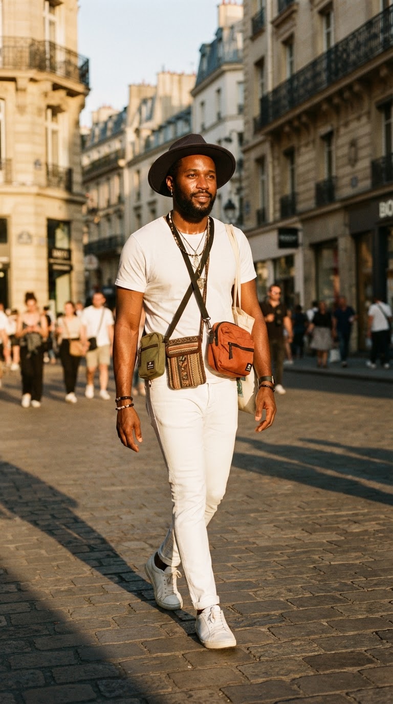 Man in all-white outfit with colorful cross-body bags and wide-brimmed hat, editorial photography