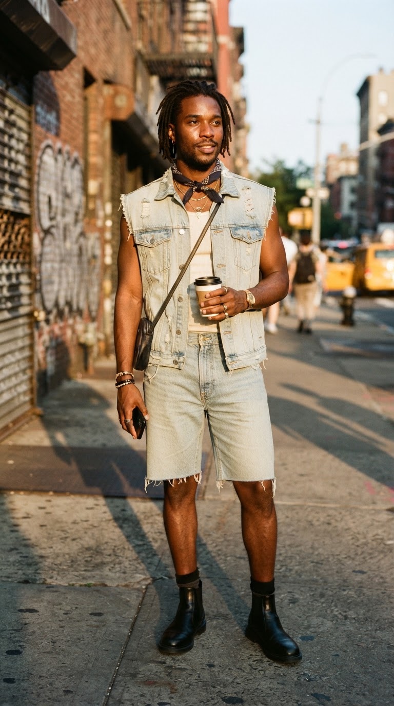 Man in light-wash denim vest and bermuda shorts with bandana, film photography
