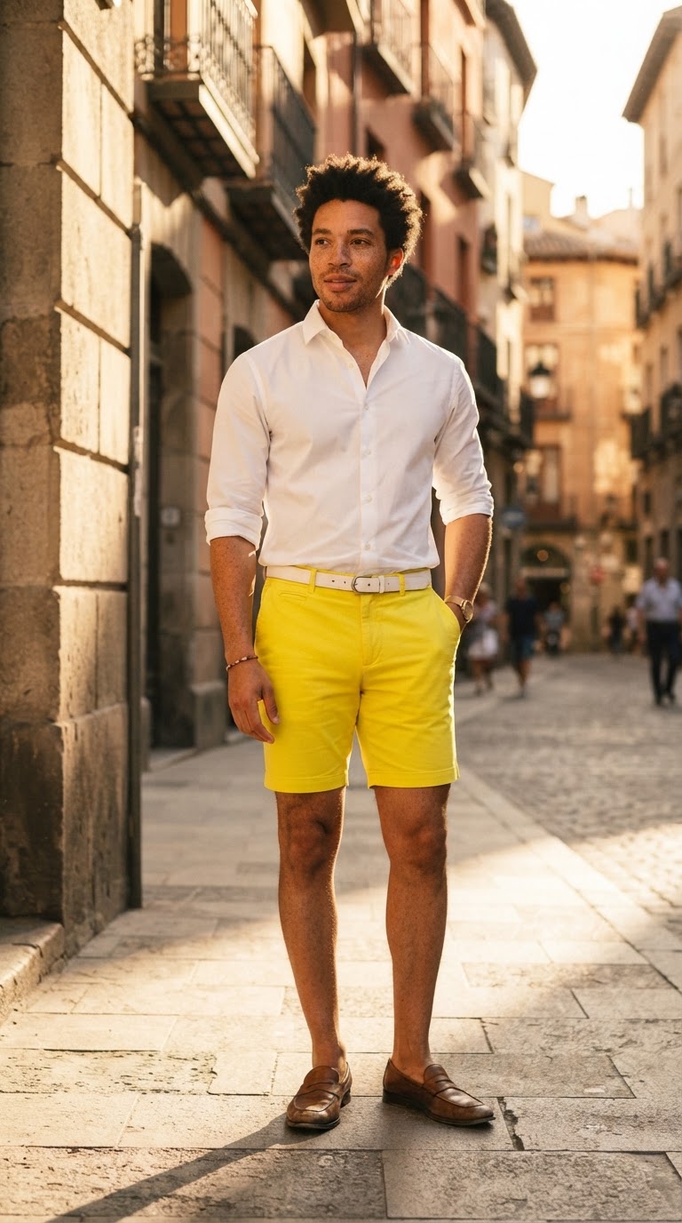 Man in electric yellow tailored shorts and white poplin shirt, editorial film photography