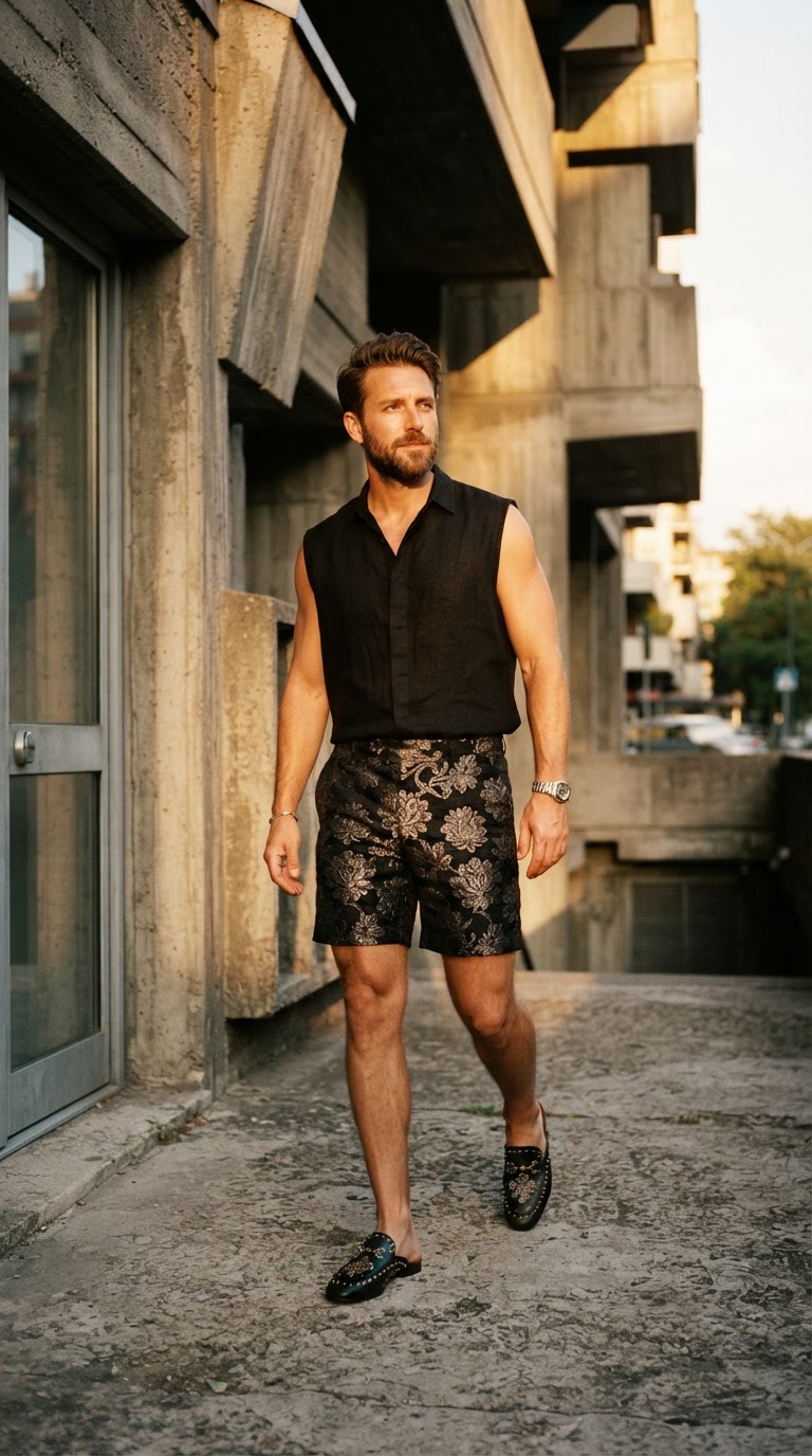 Man in black floral brocade shorts and linen sleeveless shirt, editorial photography