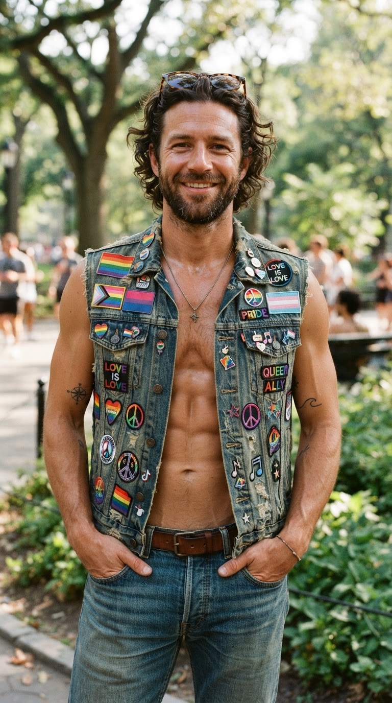 Distressed Denim Vest with Pride Patches