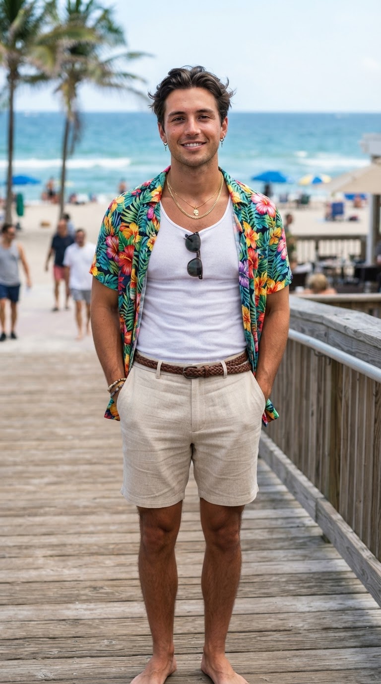 Floral Open Shirt with Layered Chains