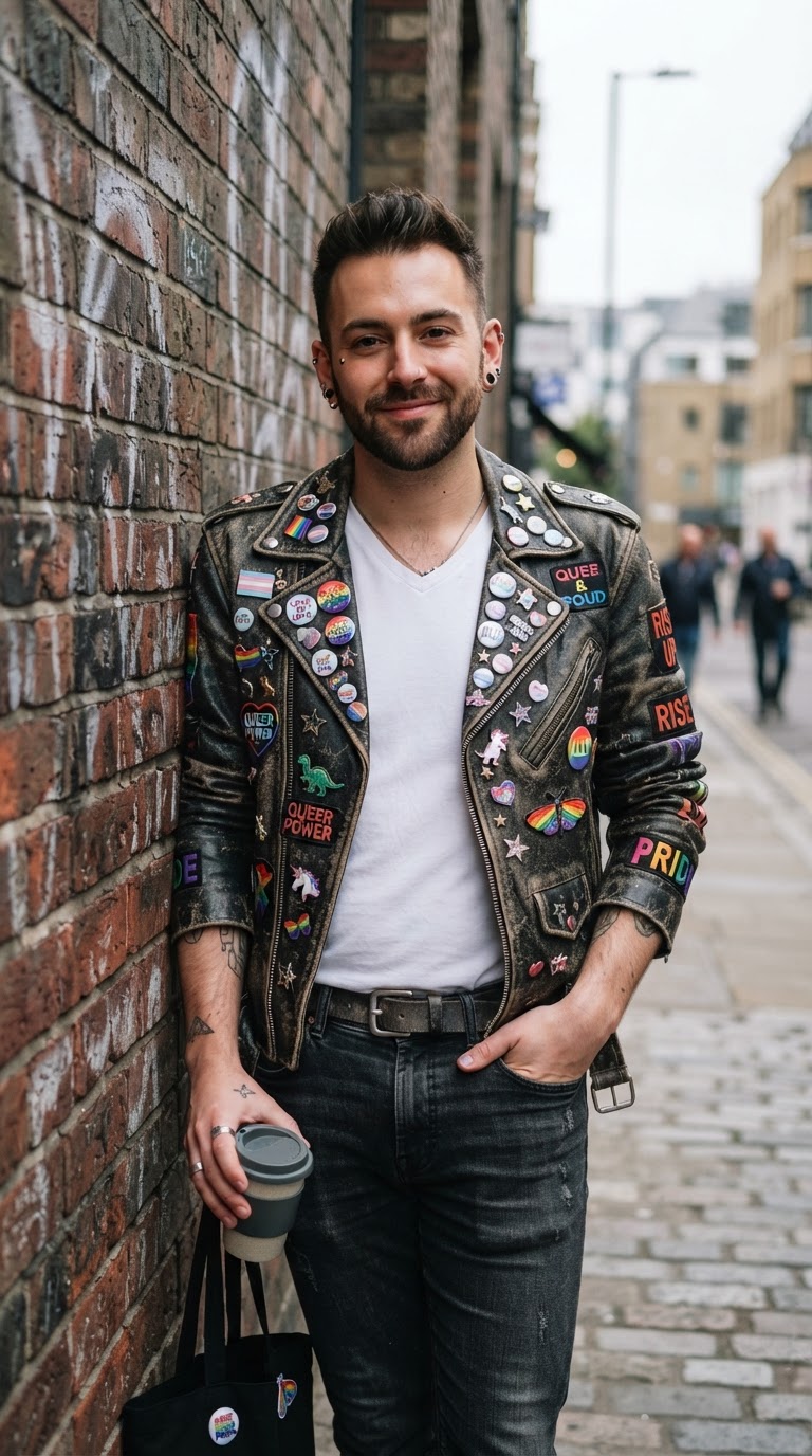 Leather Jacket with Pride Pin Collection