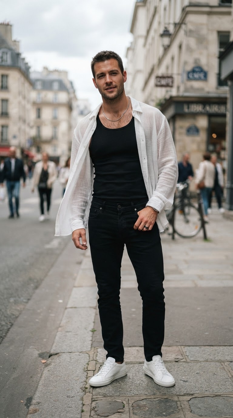 Sheer Button-Down Over Tank Top