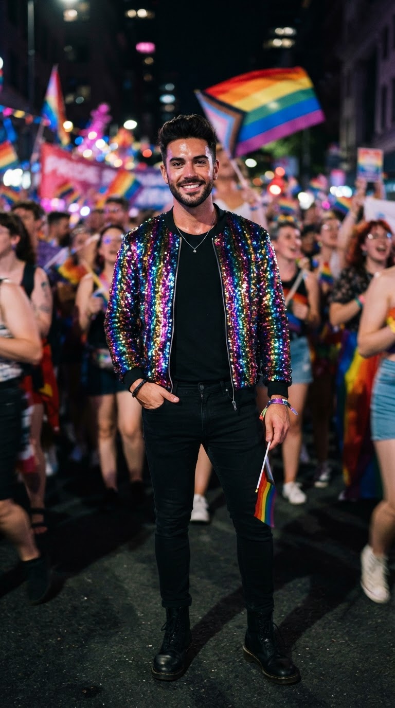 Sequin Bomber Jacket with Black Denim