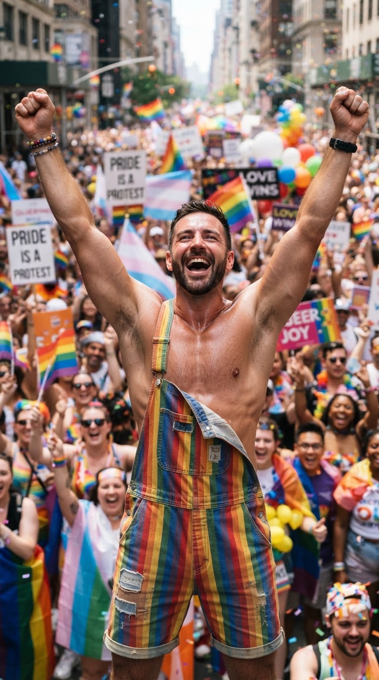 Rainbow Overalls with Bare Chest