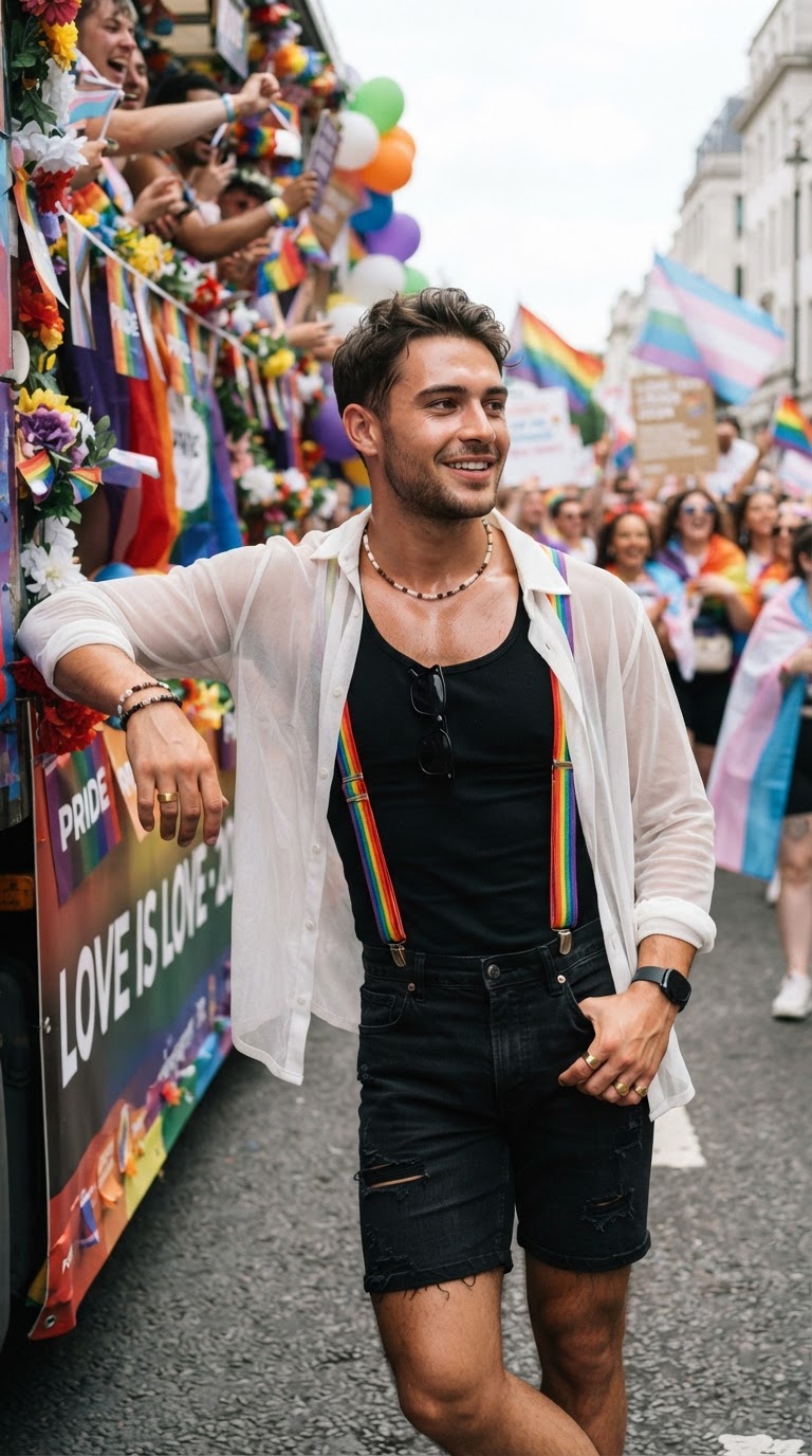 Sheer Button-Up with Rainbow Suspenders