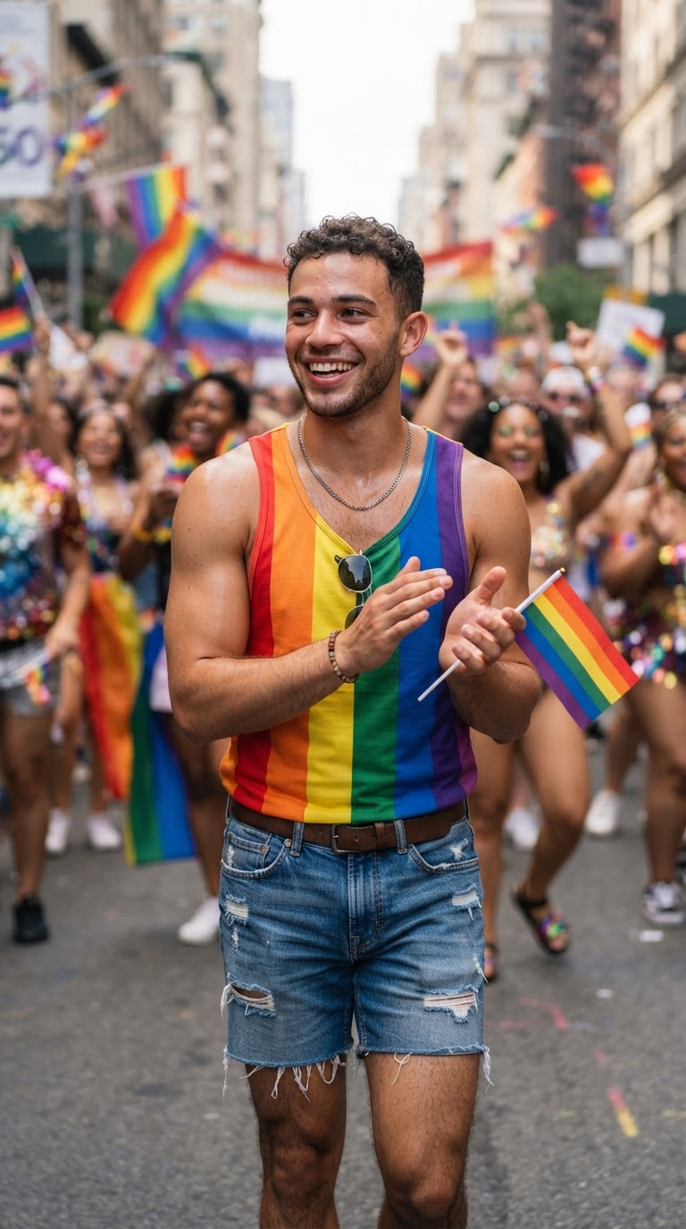 Rainbow Flag Tank Top and Denim Shorts