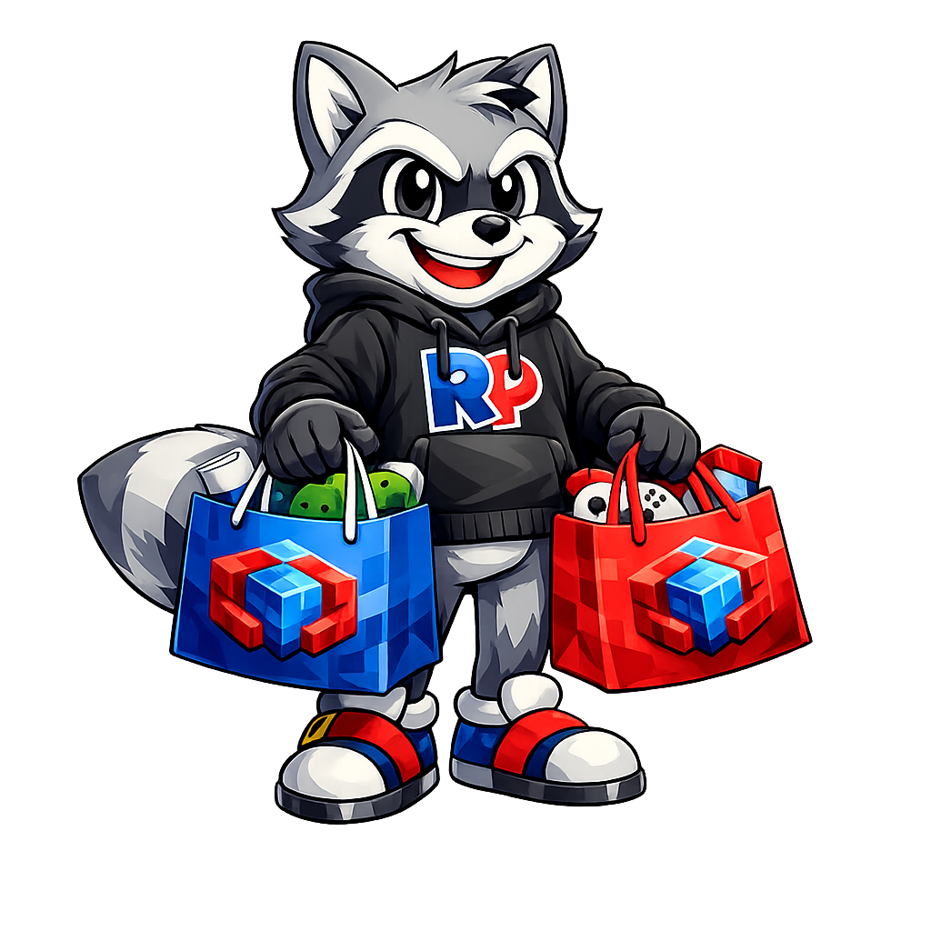 RakuPlays mascot raccoon holding shopping bags