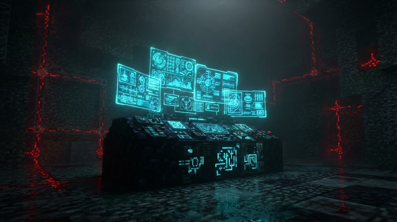 Ancient command terminal with neon holographic screens