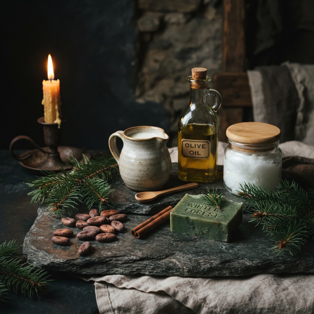 Raw natural soap ingredients on dark slate