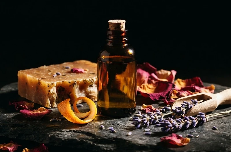 Artisan soap-making ingredients arranged on a dark stone slab